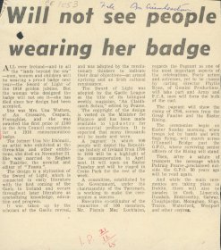Irish Press article entitled, 'Will not see people wearing her badge'. [Copyright courtesy of the Irish Press].
